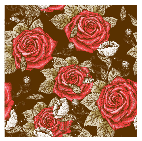 Retro styles roses seamless pattern vector 03