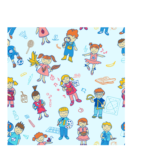 School elements with students seamless pattern vector 02