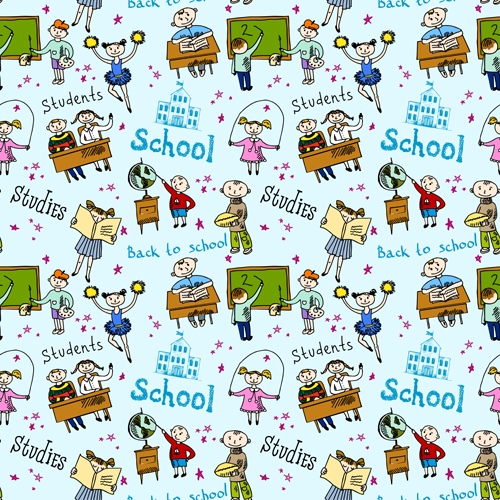 School elements with students seamless pattern vector 03