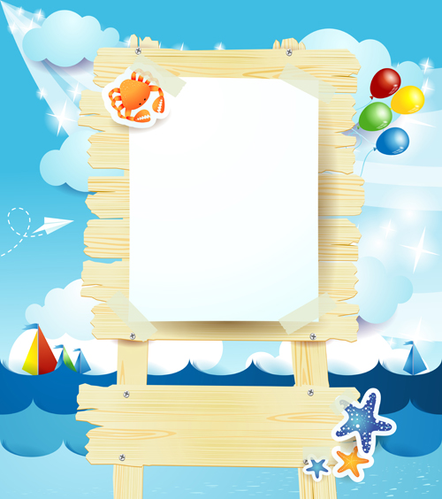 Summer elements with Wooden plaque vector 04