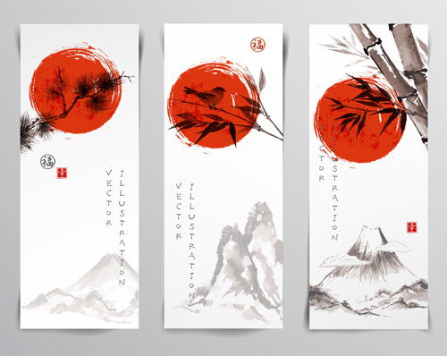 Watercolor drawn with banners vector set 02