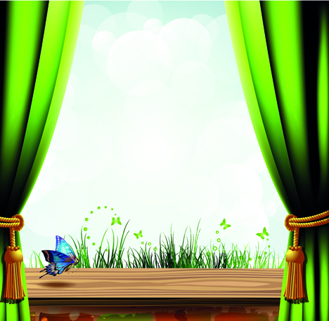 Set of Windowsill and red curtains vector 03