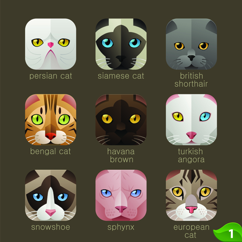 Funny animal icons flat style vector 01