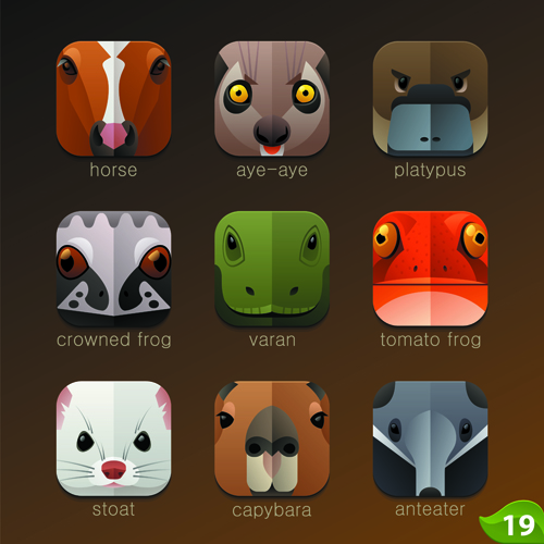 Funny animal icons flat style vector 09