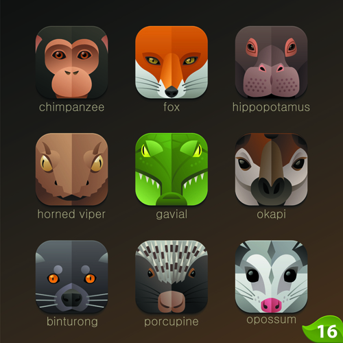 Funny animal icons flat style vector 18