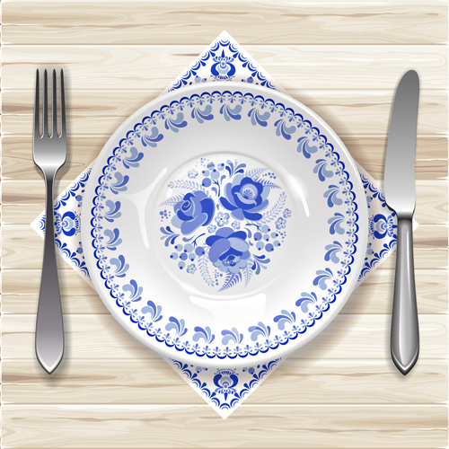 Realistic plates and cutlery vector set 04
