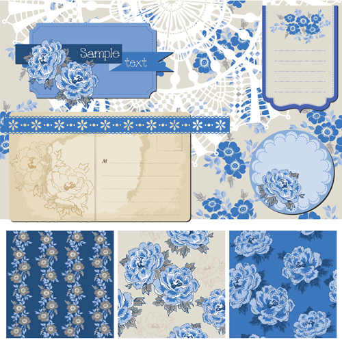 Vintage postcard with blue ornament elements vector 01