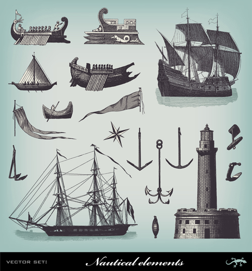 Retro Marine design elements vector graphic 02