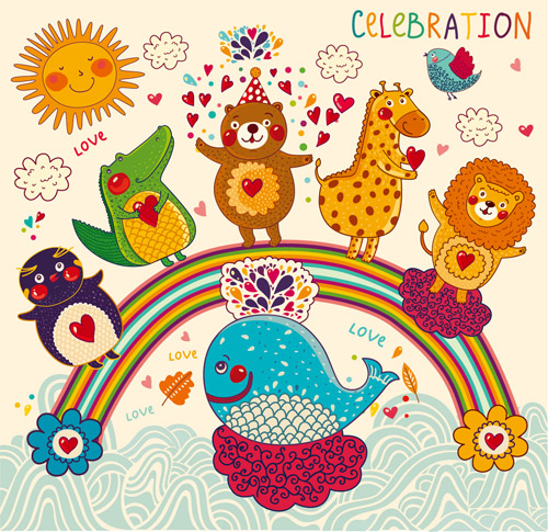 Cartoon animal with love elements vector set 02