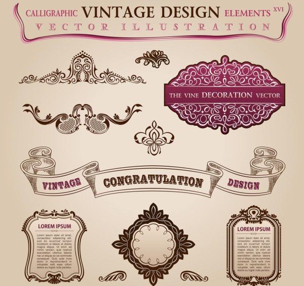 Elegant calligraphic with labels vector set