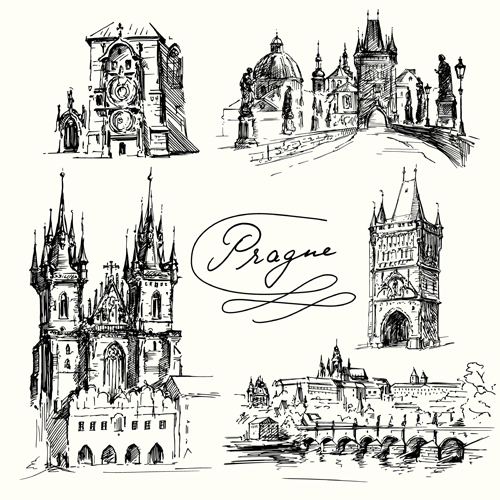 hand drawn famous cities buildings 