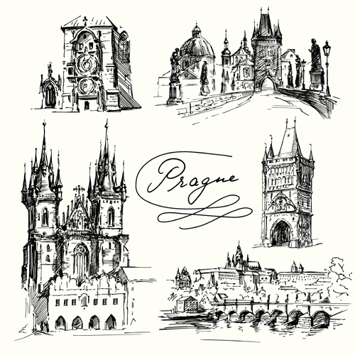 Famous cities buildings hand drawn vector 03