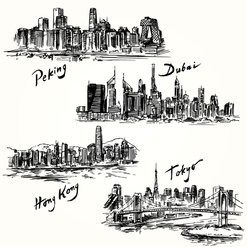 hand drawn famous cities buildings 
