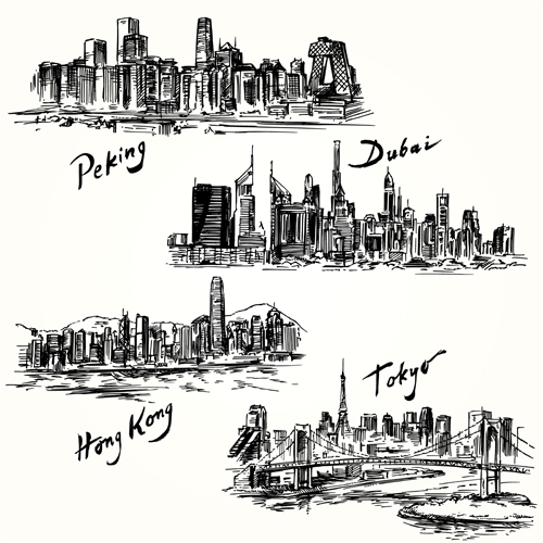 Famous cities buildings hand drawn vector 07
