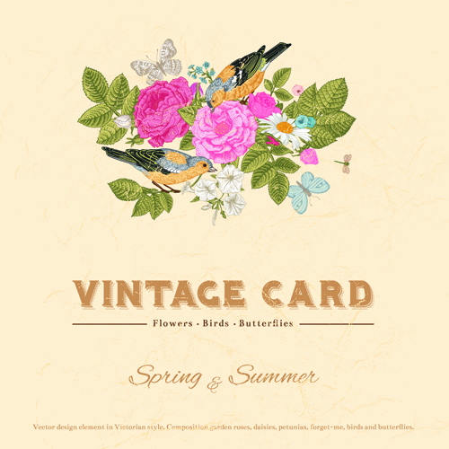 vintage flower card vector card butterflies birds bird 