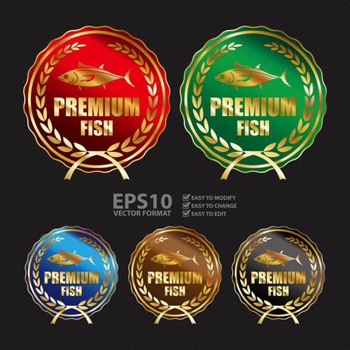 Golden laurel wreath badges vectors set 05