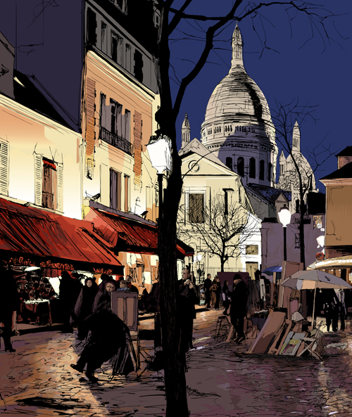Hand drawn city street scenery vector