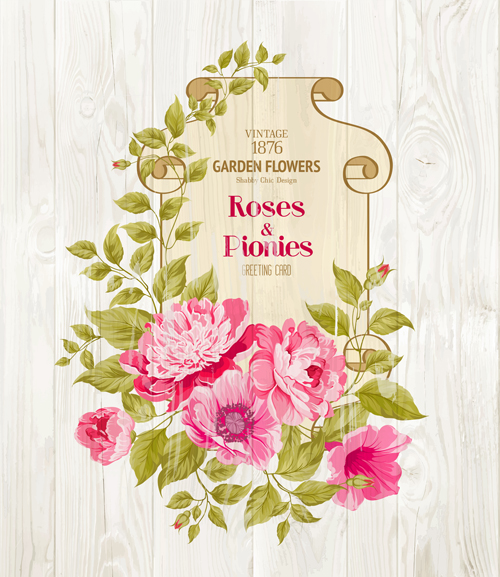 Pink flower cards with wood background vector 01