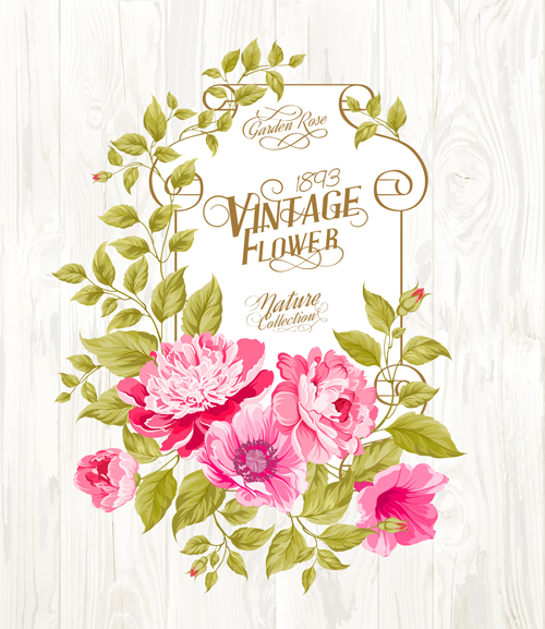 Pink flower cards with wood background vector 02