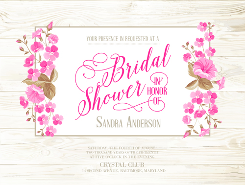 Pink flower cards with wood background vector 03