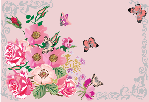 Retro font frame flower butterflies background 
