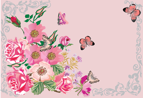 Retro flower with butterflies frame background