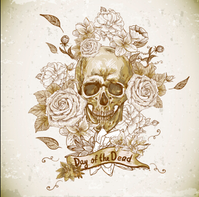 Retro skull with flower vector material 01