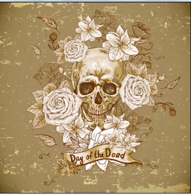 Retro skull with flower vector material 02