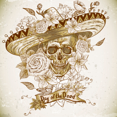 Retro skull with flower vector material 03