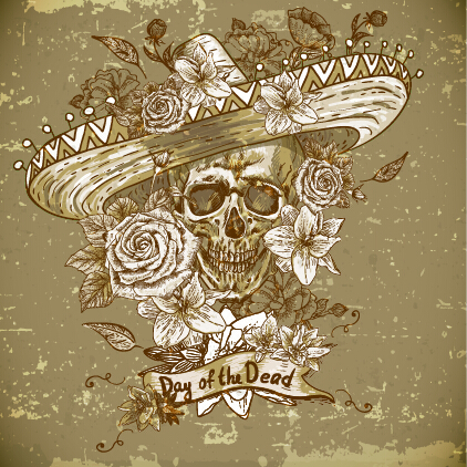 Retro skull with flower vector material 04
