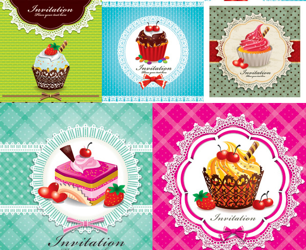 strawberry lace pattern vector material to download ice cream EPS dessert cherry cartoon background cake bows  