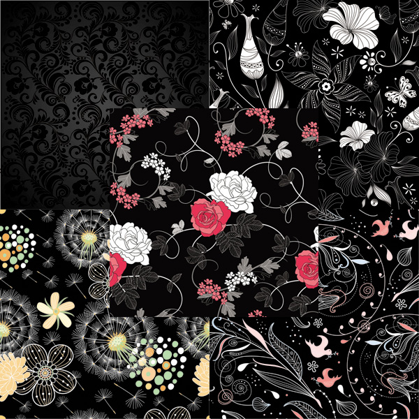 texture pattern Line Drawing flowers black background 