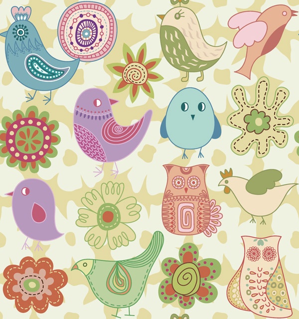 Hand drawn cartoon animal and flower vector setmaless pattern