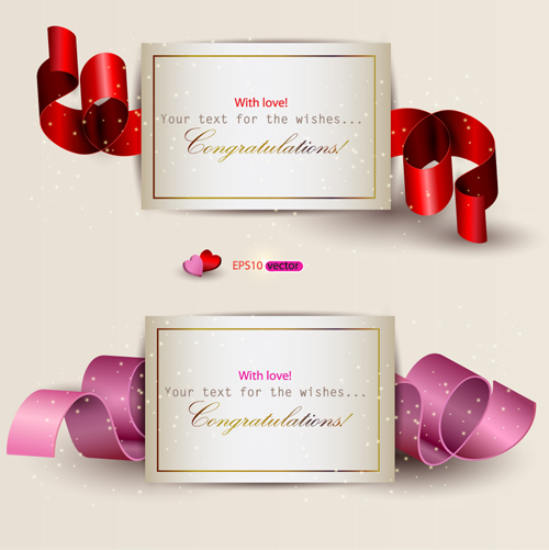 Heart and ribbons Valentine cards vector set 03
