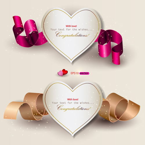 Heart and ribbons Valentine cards vector set 04
