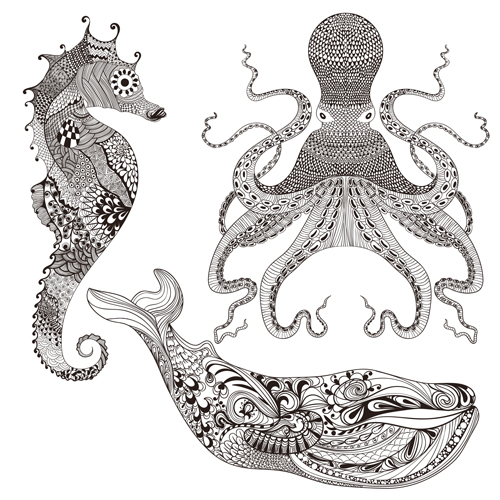 Marine animals with floral pattern vector 01 Marine animals with floral pattern vector 01