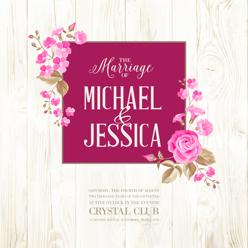 Pink flower cards with wood background vector 04
