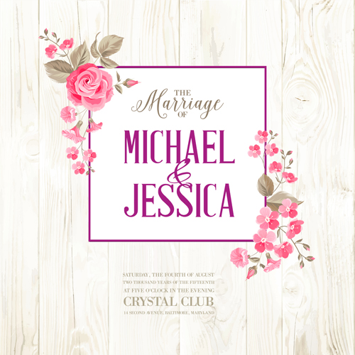 Pink flower cards with wood background vector 05
