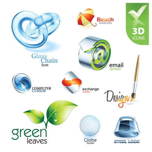 Shiny 3D logos and icons design vector 04