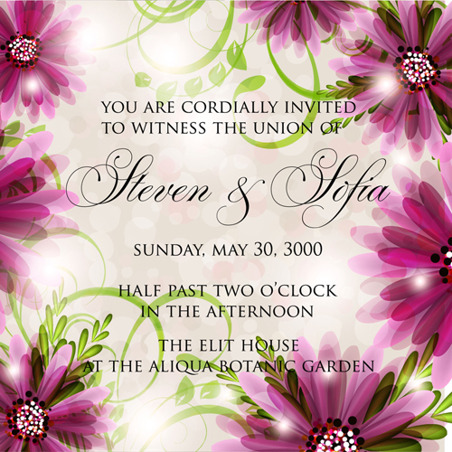 Beautiful flowers wedding Invitation Card vector set 02