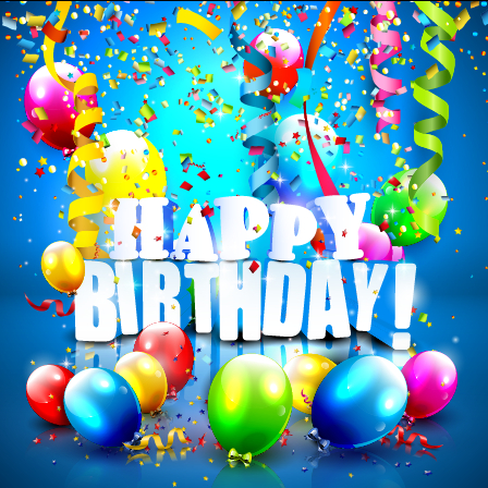 Birthday colored balloons with colorful ribbon background vector 03