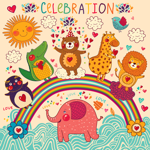 Cute cartoon floral animals pattern vector set 12