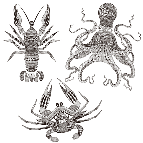 Marine animals with floral pattern vector 02 Marine animals with floral pattern vector 02