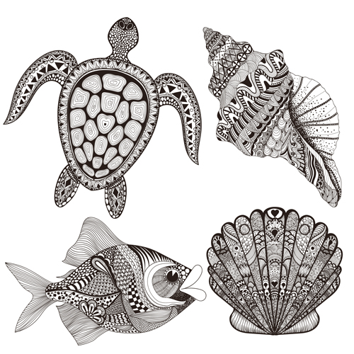 Marine animals with floral pattern vector 03 Marine animals with floral pattern vector 03