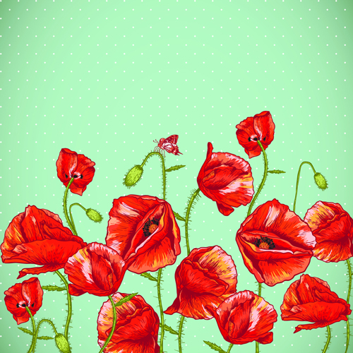 Retro red poppies cards vector graphics 05