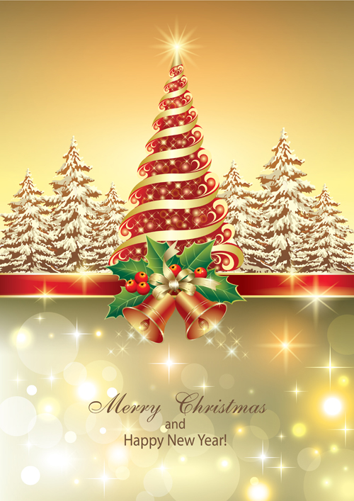 Shiny christmas tree and bells vector background