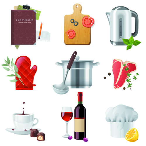 Shiny food cooking icons vector 03