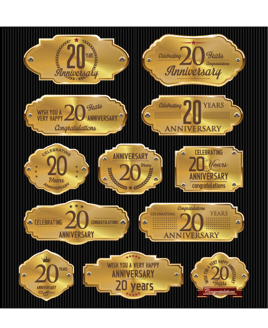 Luxury anniversary golden laurel labels vector 12