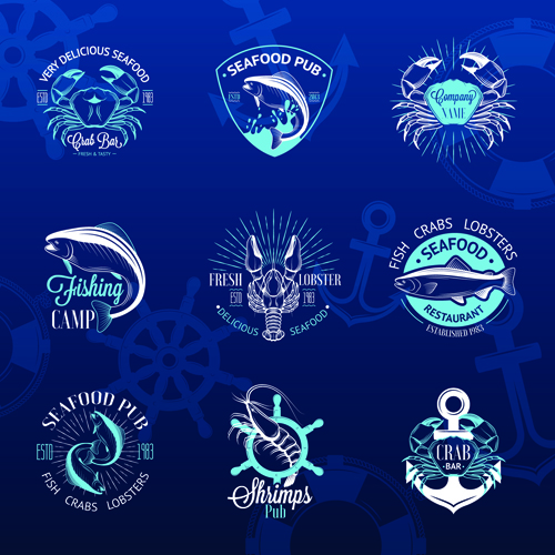 Sea food badges with labels vector set 03