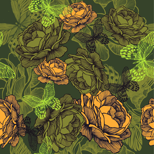 Vintage flower with butterfly seamless pattern vector 01